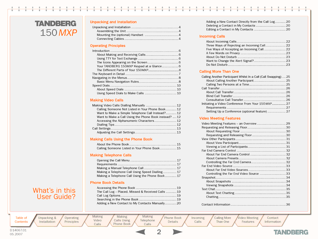 TANDBERG 150MXP manual What’s in this User Guide?, Table of , Contents 